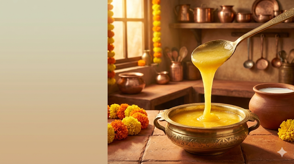 देसी घी के फायदे - शुद्ध गाय का घी पारंपरिक कटोरी में (Desi Ghee Benefits in Hindi)