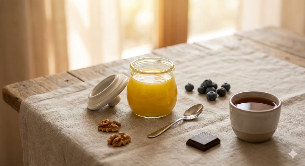 Ghee for brain health – golden A2 ghee with walnuts, blueberries and brain-support foods for memory, focus and cognitive function