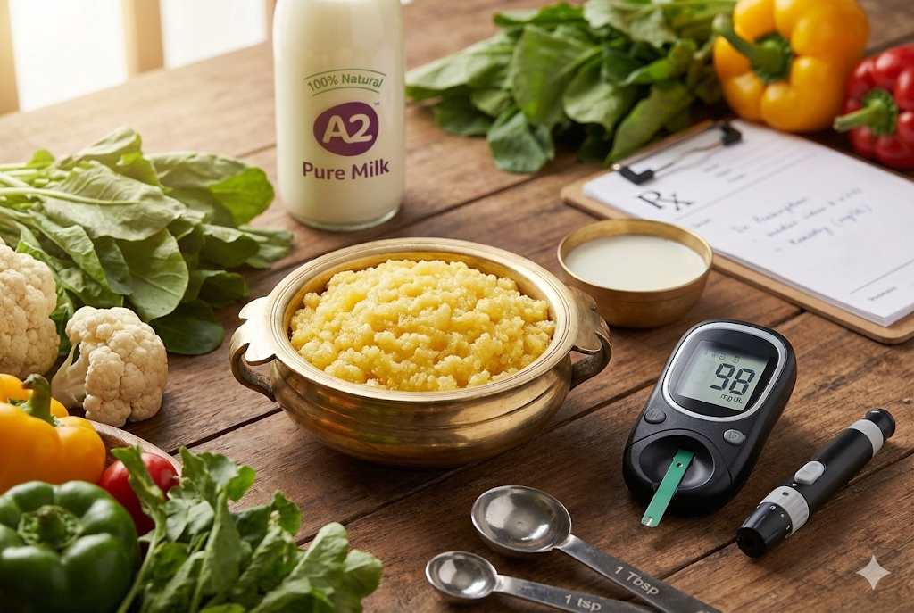 Best A2 Ghee for Type 2 Diabetes - Premium grass-fed ghee with glucose meter and healthy diabetes-friendly foods