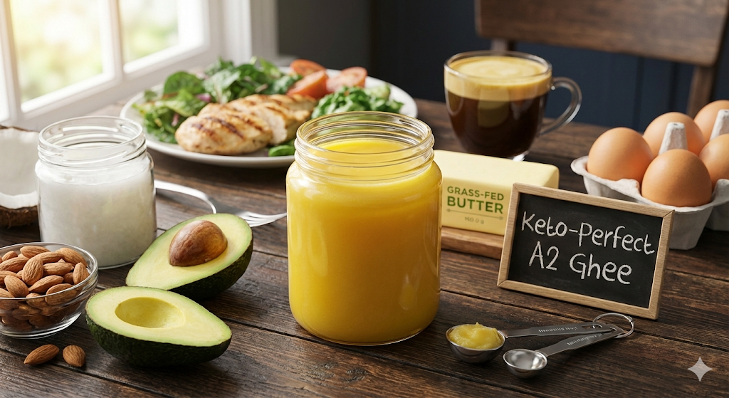 Best A2 Ghee for Keto Diet India 2025 - Premium grass-fed ghee with keto foods, bulletproof coffee, and measuring spoons