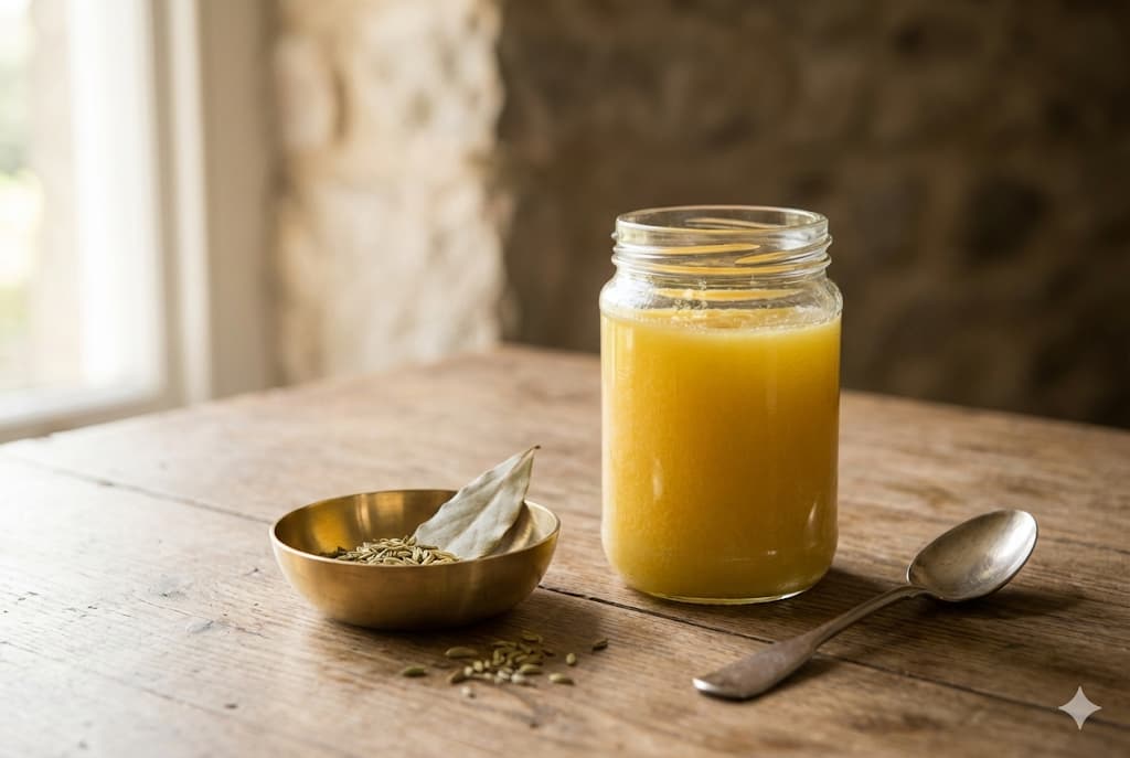 Golden Ghee Jar surrounded by aesthetic elements of Air, Fire and Earth representing Doshas