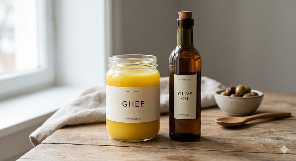 Ghee vs Olive Oil molecular structure comparison - double bonds vs single bonds, heat stability, smoke point chemistry, and oxidative stress