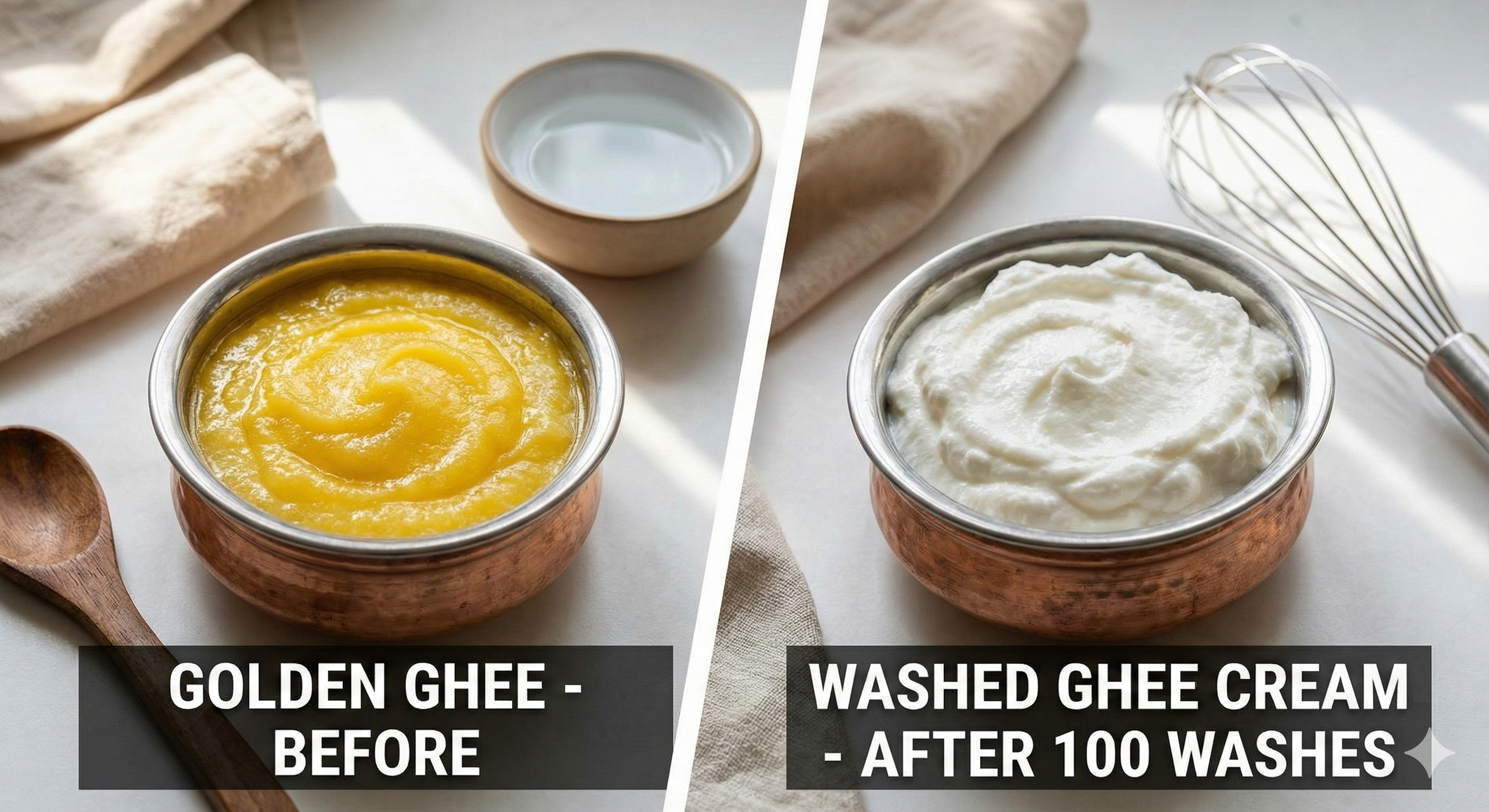 100 Times Washed Ghee Transformation - Golden Ghee to White Cream