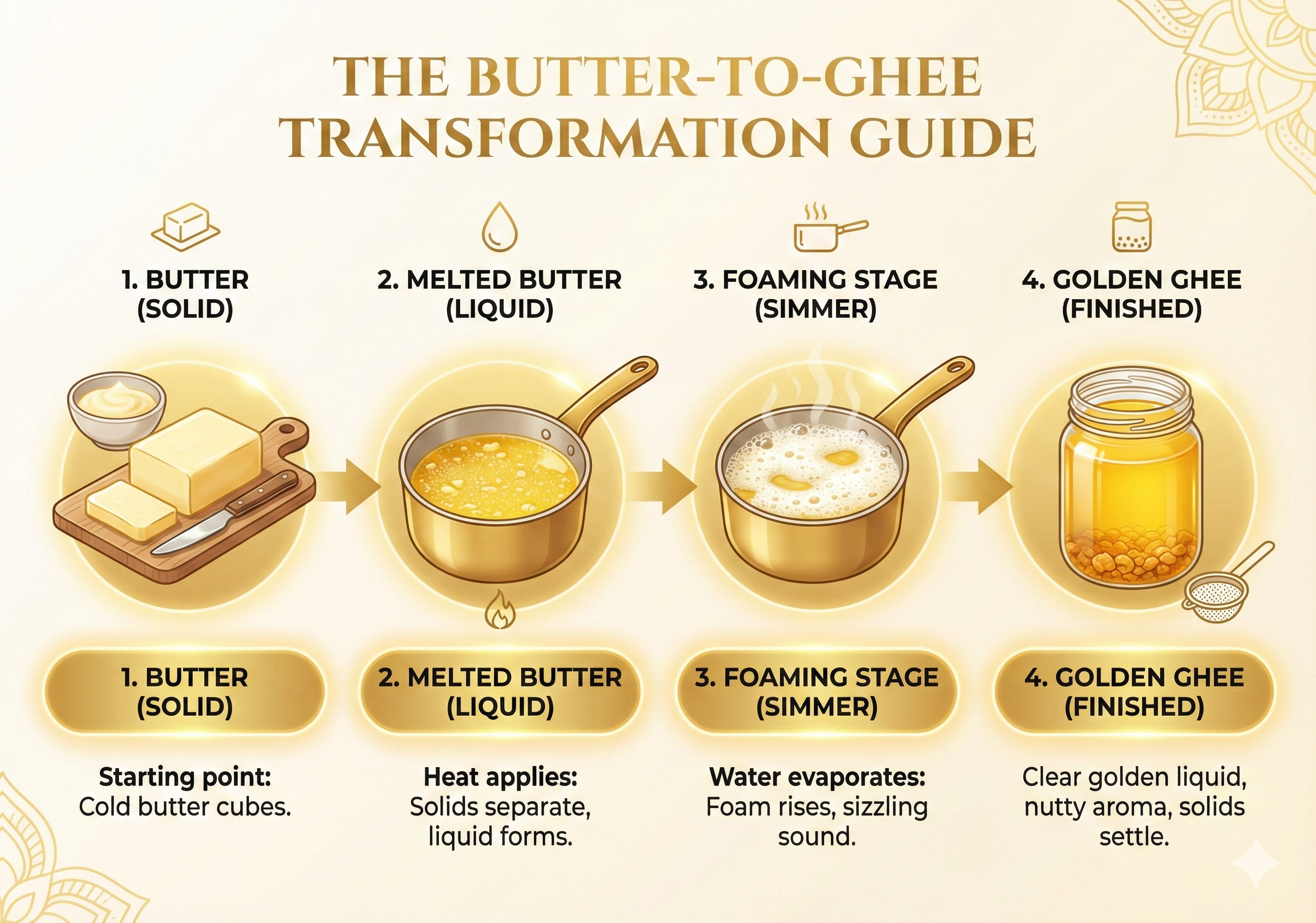 Ghee Making Process - Transformation Stages from Butter to Golden Ghee