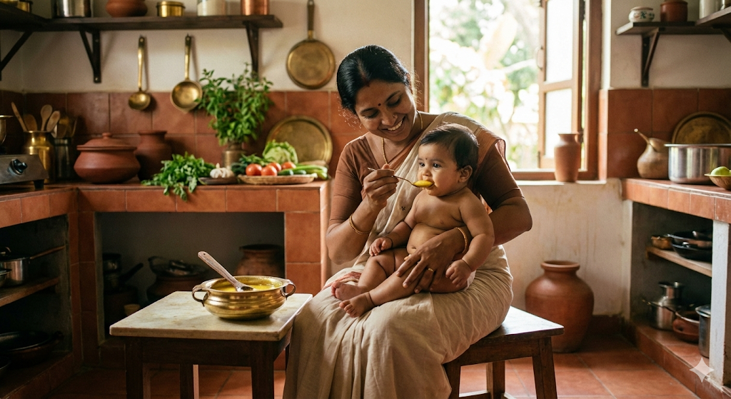 Ghee for babies - safe introduction guide showing a happy baby with traditional Indian ghee