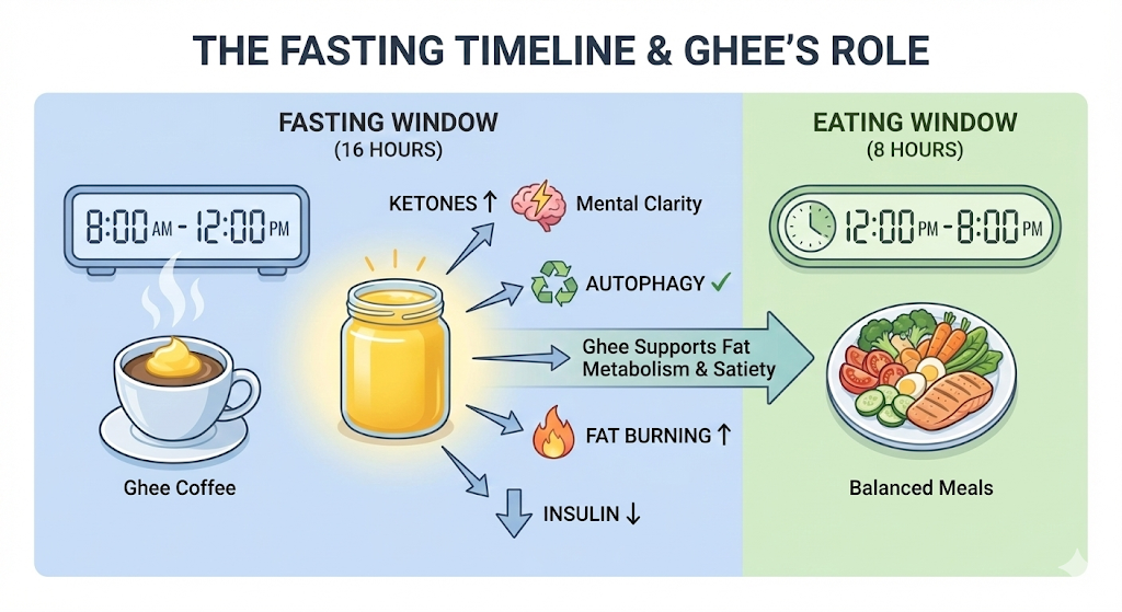 Intermittent Fasting Timeline - 16:8 protocol showing when to consume ghee for optimal fat burning