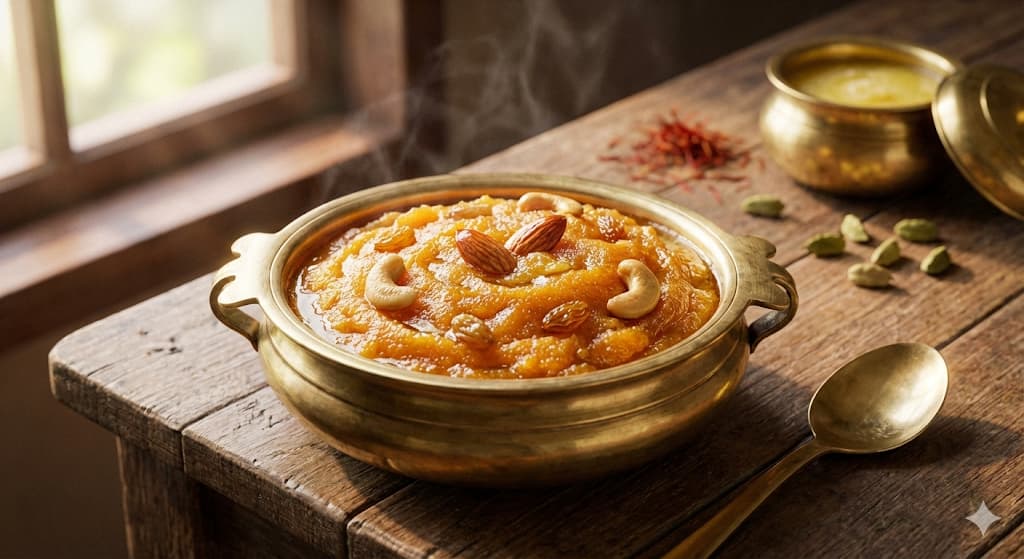 Suji Ka Halwa Recipe with Ghee - Traditional Indian Semolina Pudding in Brass Bowl