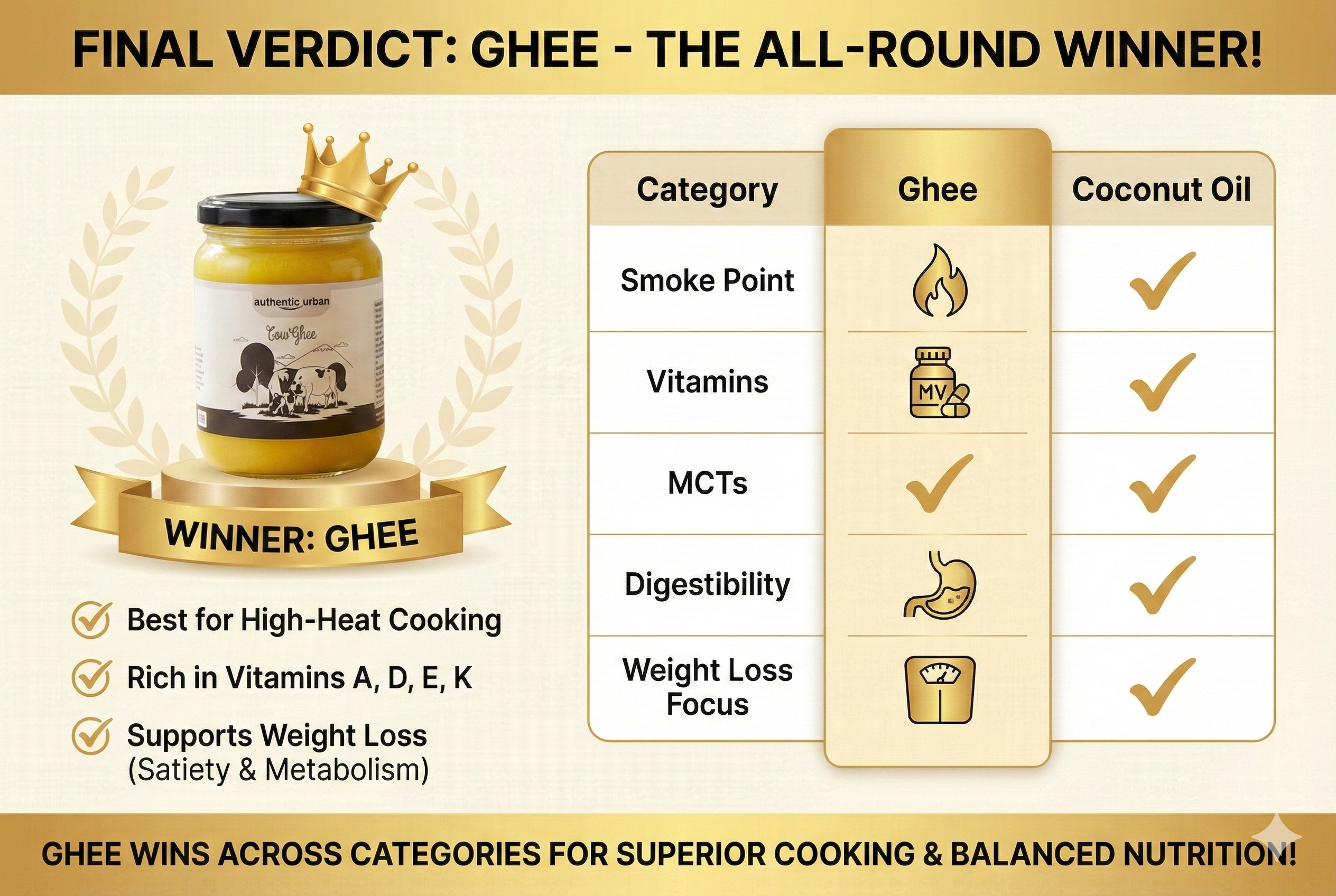 Ghee wins the comparison - higher smoke point, rich in vitamins A D E K2, gut-healing butyric acid, improves insulin sensitivity, versatile flavor