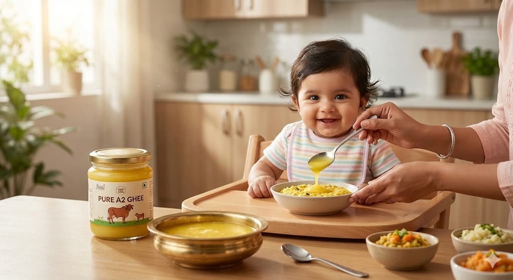 Best Ghee for Babies & Toddlers - Happy baby with pure A2 ghee and traditional Indian baby food