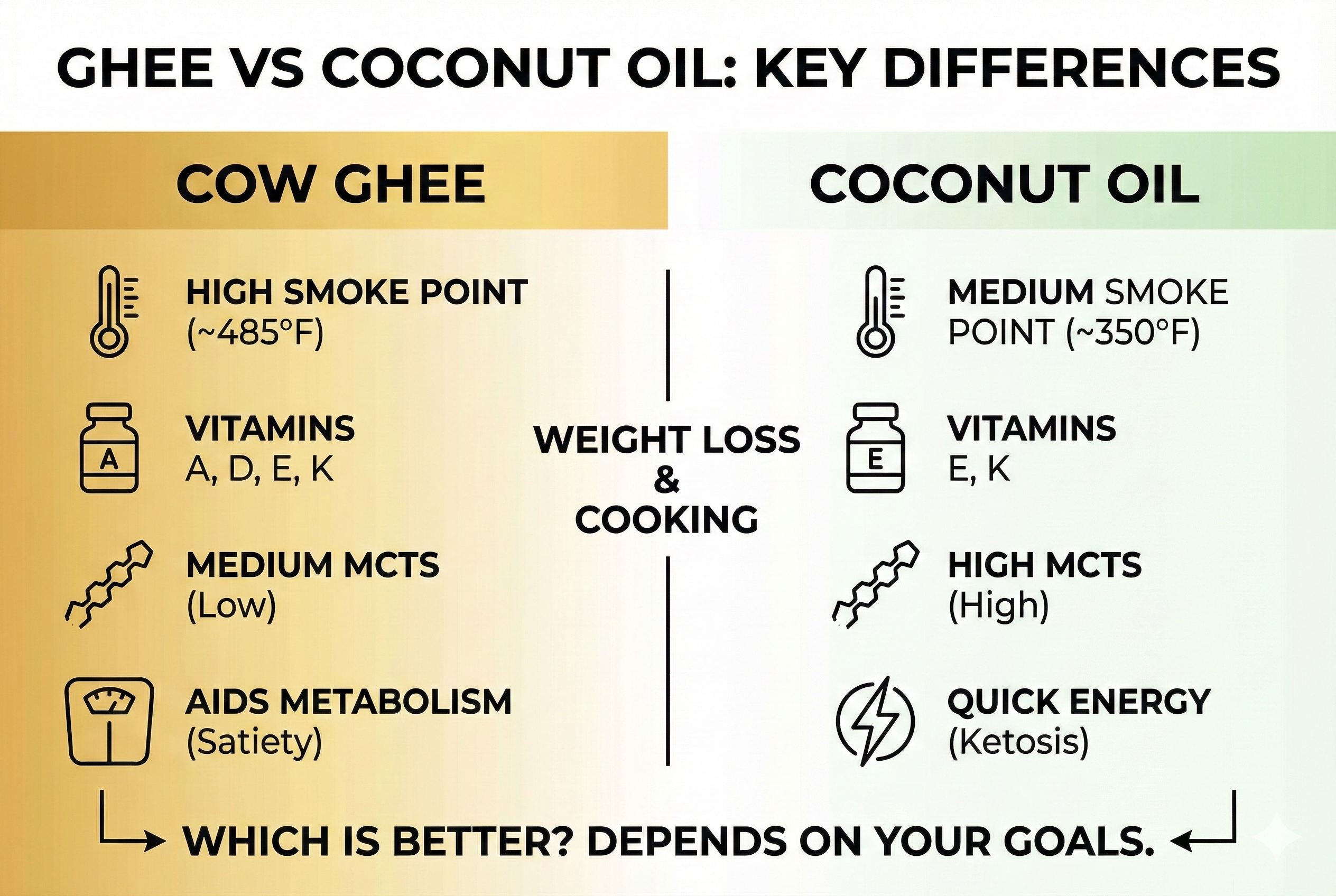 Ghee vs Coconut Oil comparison - smoke point, vitamins, MCTs, digestibility, and nutritional benefits side by side
