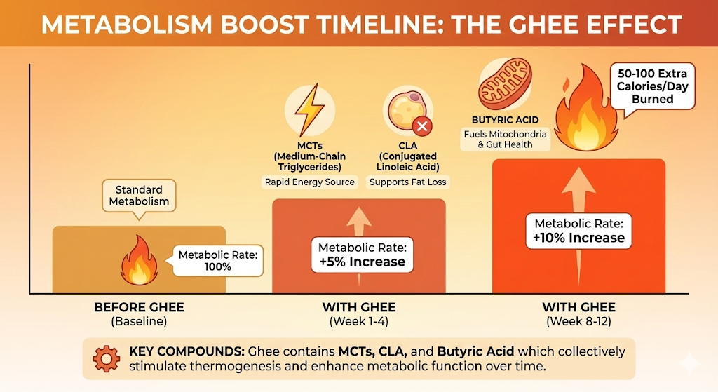 Metabolism Boost Timeline - Chart showing metabolic rate increase with ghee consumption over 12 weeks