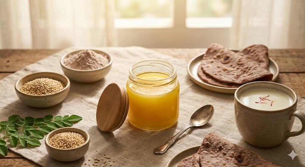 Ghee for bone health – golden A2 ghee with ragi, sesame and bone-support foods for Vitamin K2 and calcium absorption