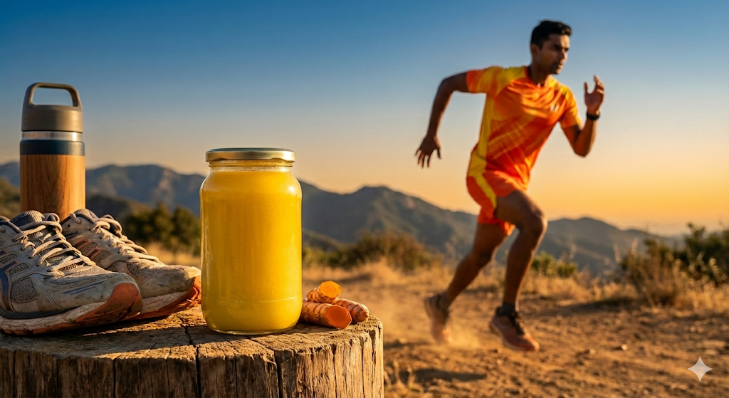 Ghee for Runners and Endurance Athletes - Golden A2 ghee jar with running shoes and energy fuel for marathon training