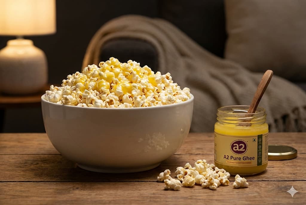 Ghee Popcorn Recipe - Healthy movie snack with stovetop and air-popper methods using A2 ghee