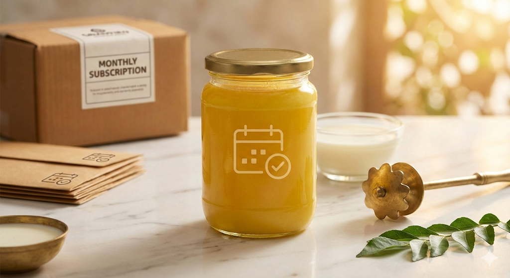 Ghee Subscription India - Monthly A2 Ghee Delivery with premium jar, calendar, and fresh ingredients showing subscription service
