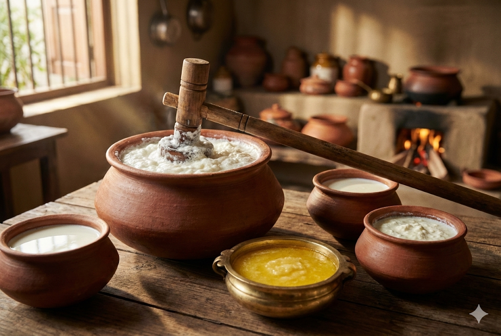 Bilona Ghee Traditional Method - Wooden Churner Making Pure Hand-Churned Ghee