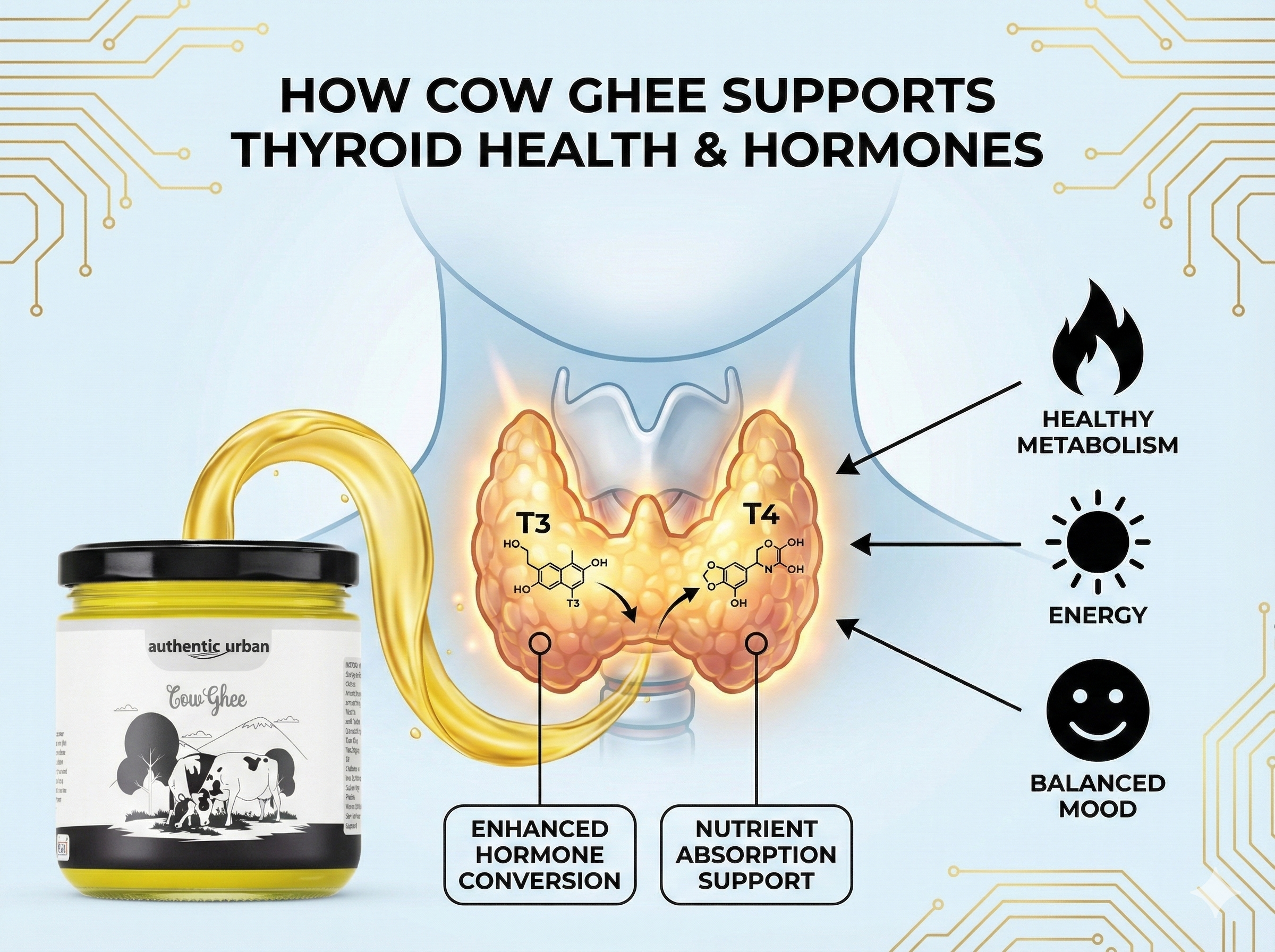 How A2 Cow Ghee supports thyroid health - hormone production, reduces inflammation, boosts metabolism, and enhances nutrient absorption
