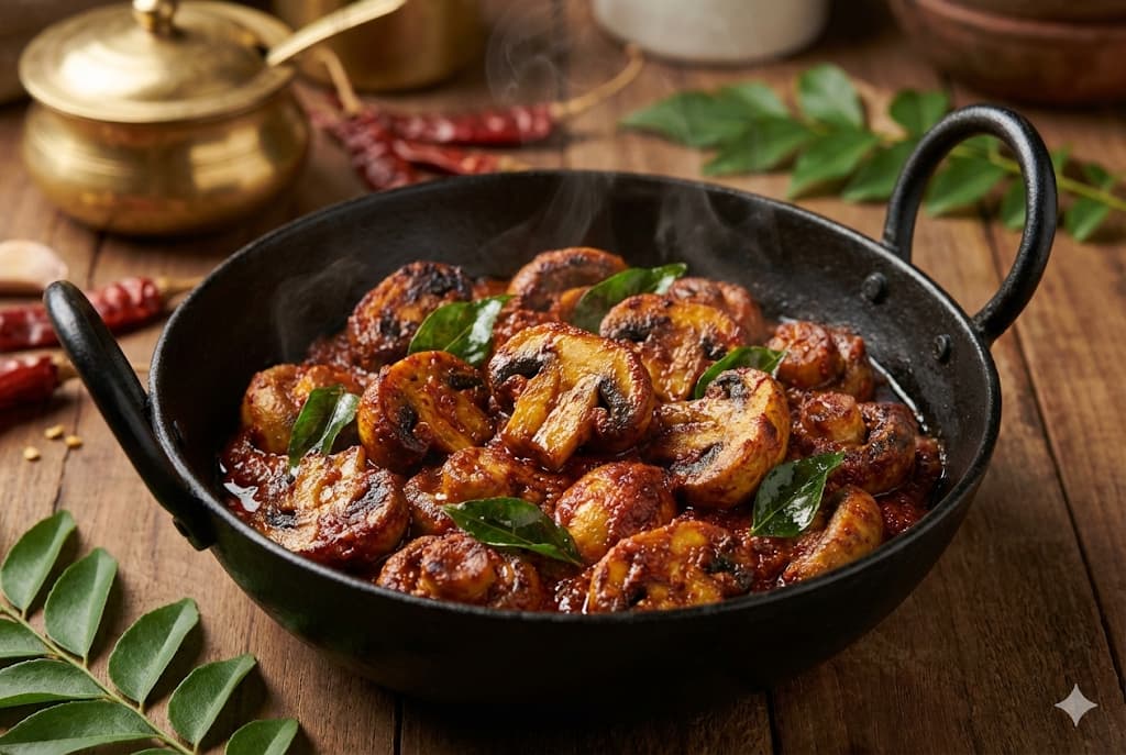 Mushroom Ghee Roast Recipe - Mangalorean Style Vegetarian with Pure Ghee