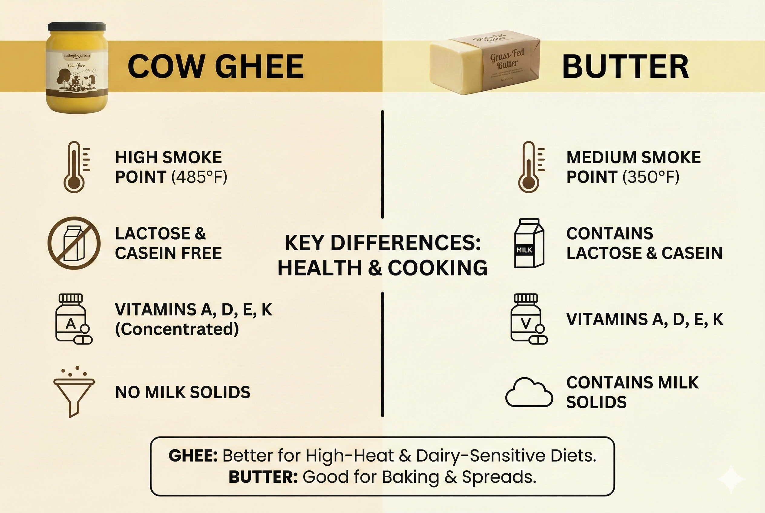 Ghee vs Butter comparison - nutrition, health benefits, smoke point, lactose-free, cooking uses, and which is better for your health