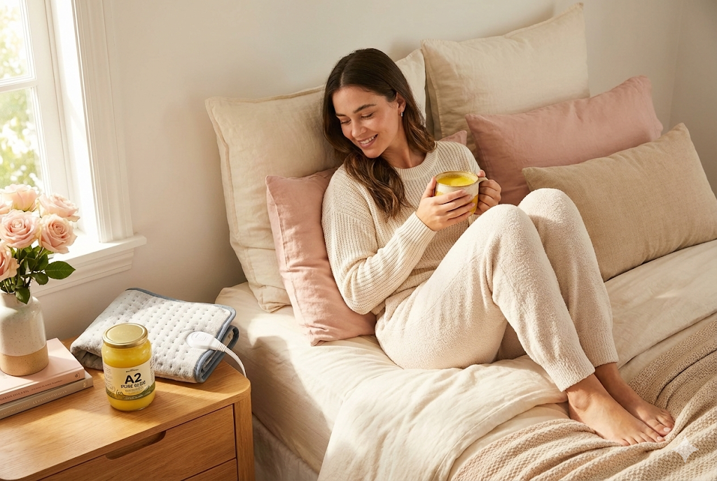 Ghee for Period Cramps and PMS - Natural menstrual pain relief with A2 ghee anti-inflammatory and hormone balance