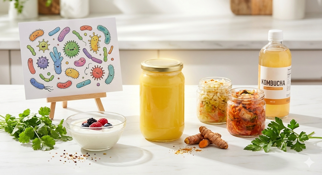 Ghee for Microbiome Diversity - A2 Cow Ghee with probiotic foods and gut bacteria illustration