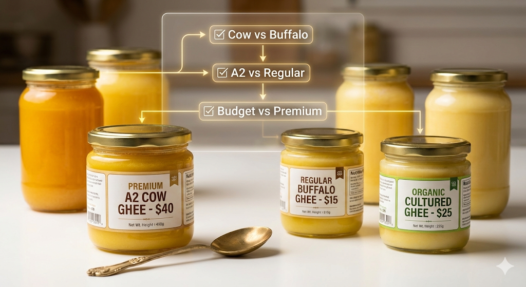 How to Choose the Right Ghee - Complete Buyer's Decision Guide with multiple ghee options and decision factors