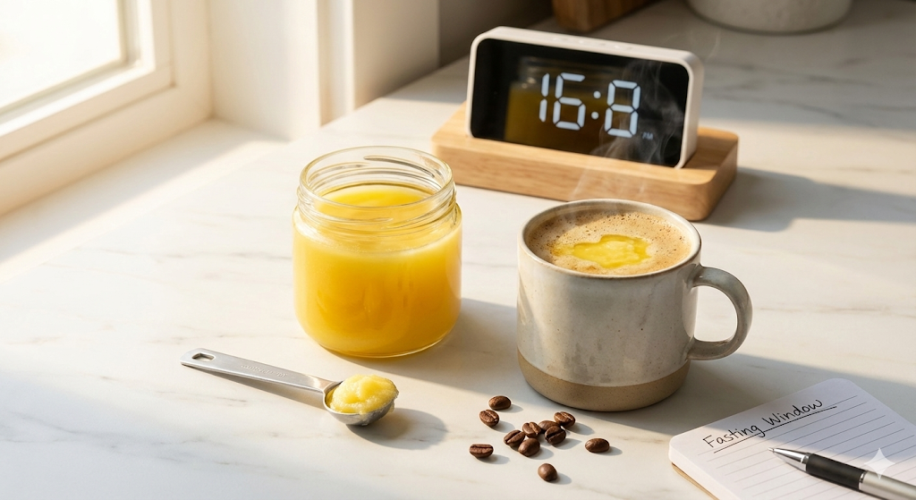 Ghee for Intermittent Fasting - A2 Cow Ghee in coffee with clock showing fasting window