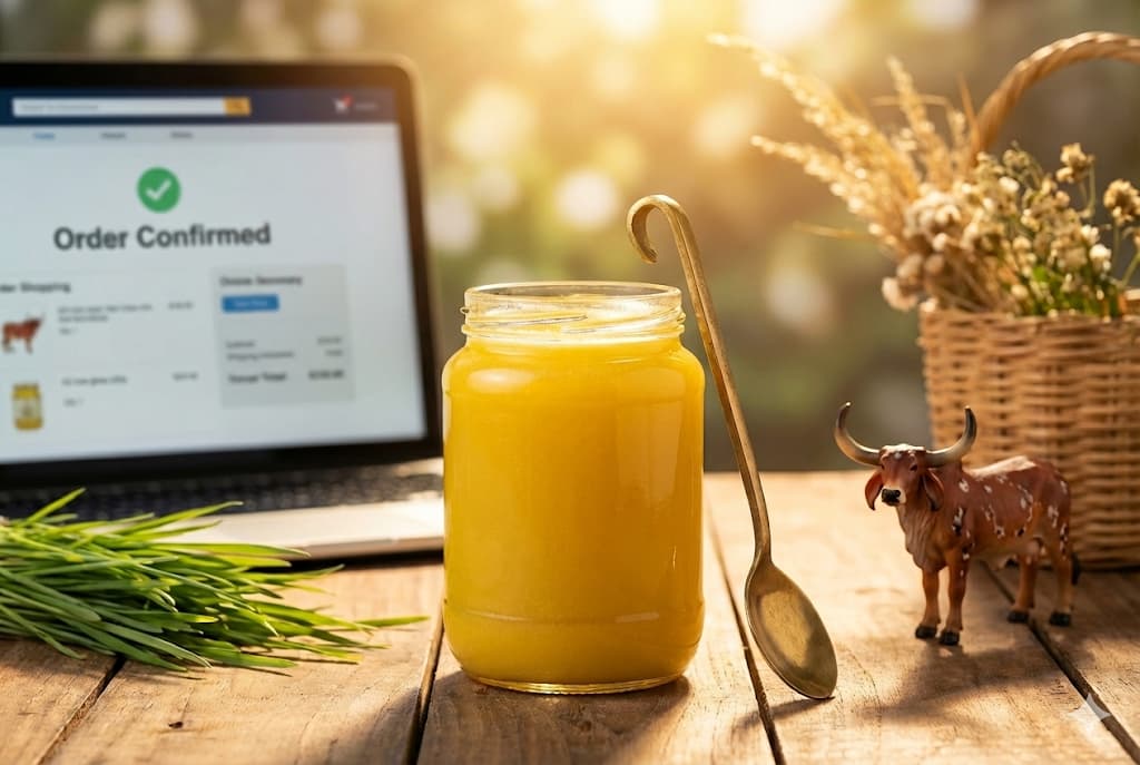Buy A2 Cow Ghee Online India 2025 - Complete guide showing pure ghee jar with online ordering concept
