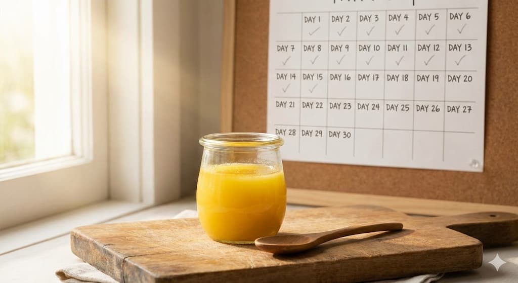 What happens when you eat ghee daily for 30 days – golden A2 ghee jar and 30-day transformation guide