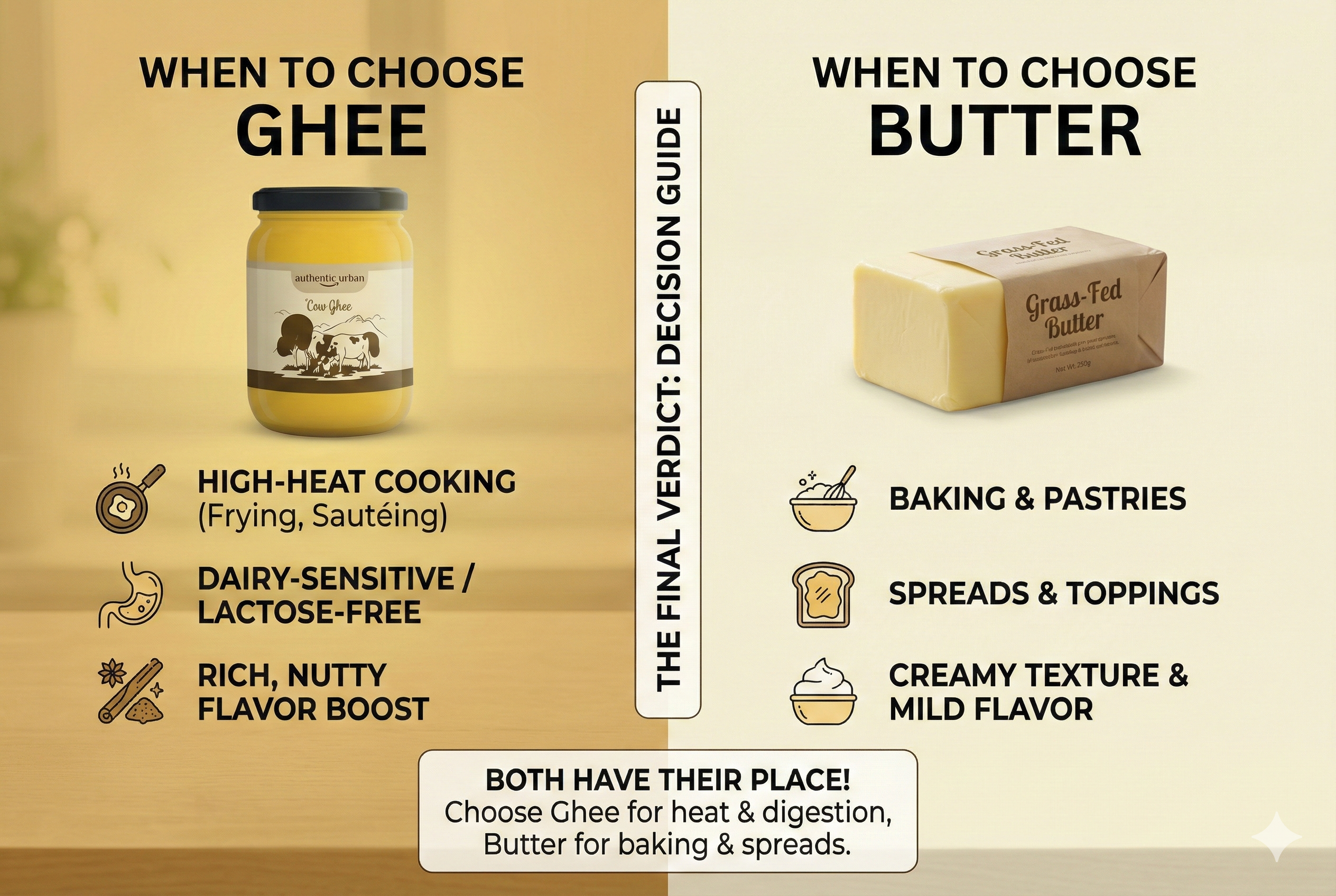 Ghee vs Butter final verdict - when to choose ghee for high-heat cooking, lactose intolerance, gut health, and when to choose butter for baking and spreading