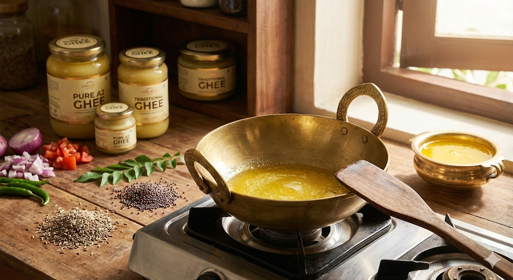 Best Ghee for Cooking India - Golden A2 ghee in traditional brass kadhai with Indian cooking ingredients and spices