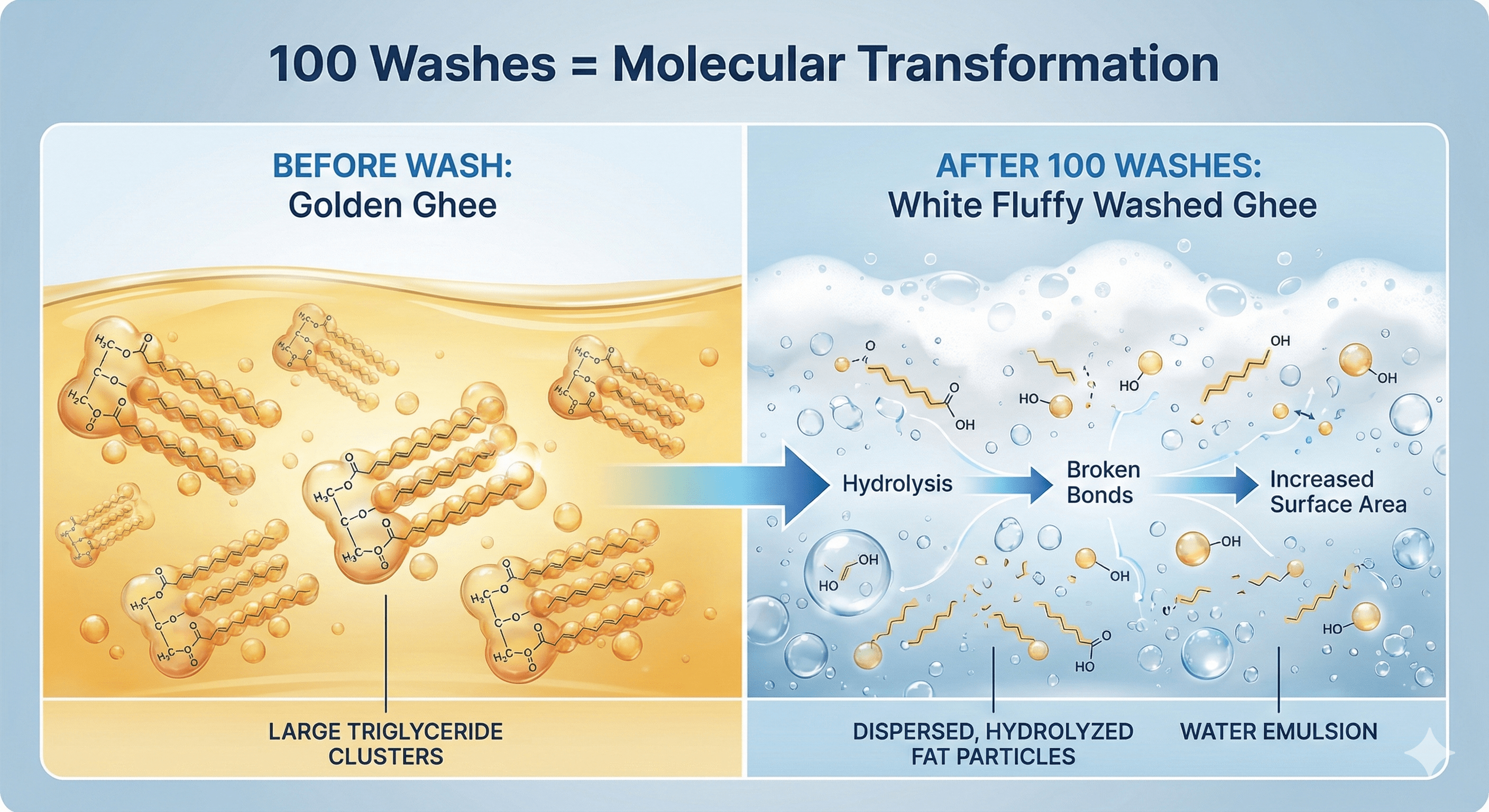 Scientific molecular structure comparison of regular ghee versus 100x washed ghee showing fat hydrolysis transformation