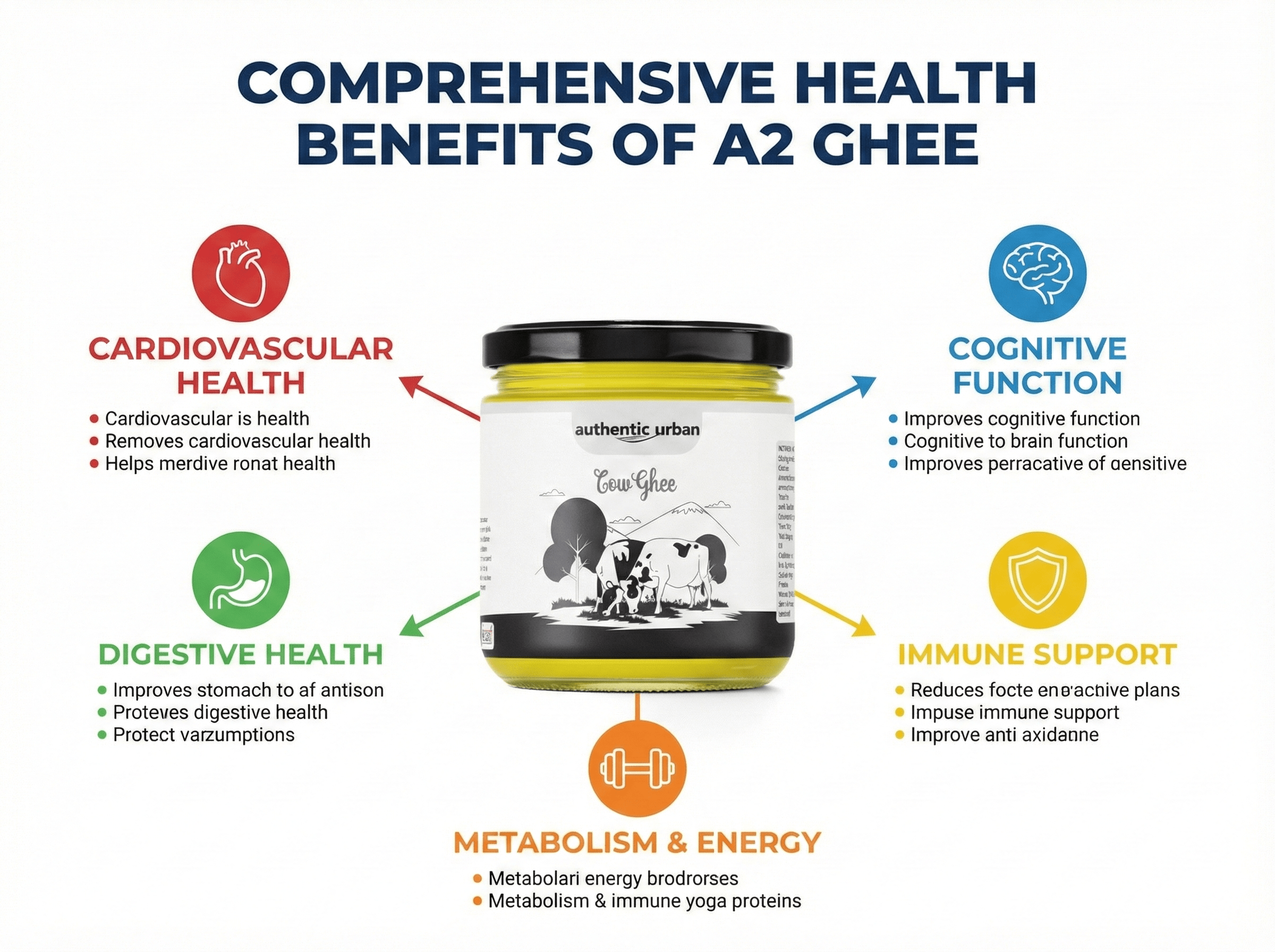 A2 ghee health benefits infographic showing heart health brain function digestive wellness and immune support