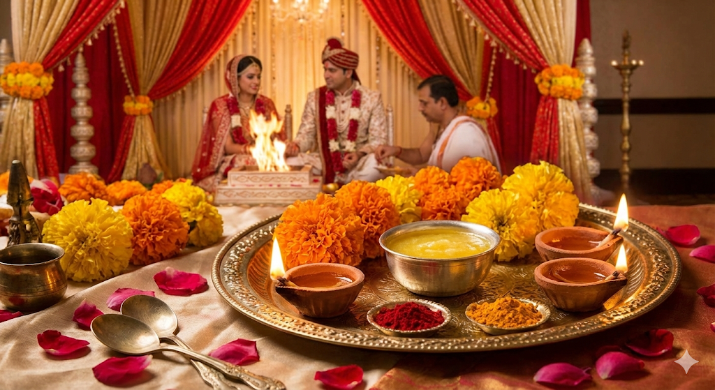 Ghee in Indian Weddings - Traditional brass thali with pure A2 ghee, lit diyas, and marigold flowers for Hindu wedding ceremonies