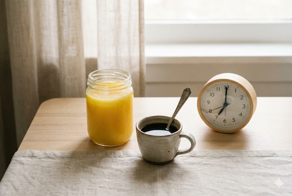 Ghee for Intermittent Fasting - A2 Cow Ghee in coffee with clock showing fasting window