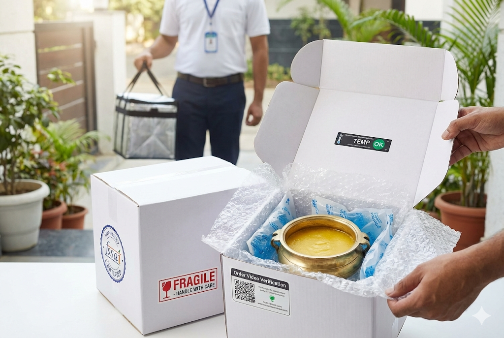 Ghee Home Delivery India - Safe packaging with temperature control, FSSAI certified delivery, video verification