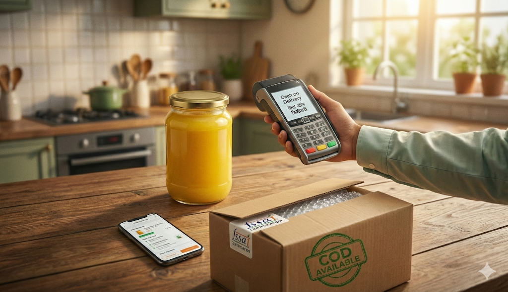 COD Ghee Delivery India - Cash on Delivery payment with A2 ghee jar, doorstep inspection, FSSAI verification