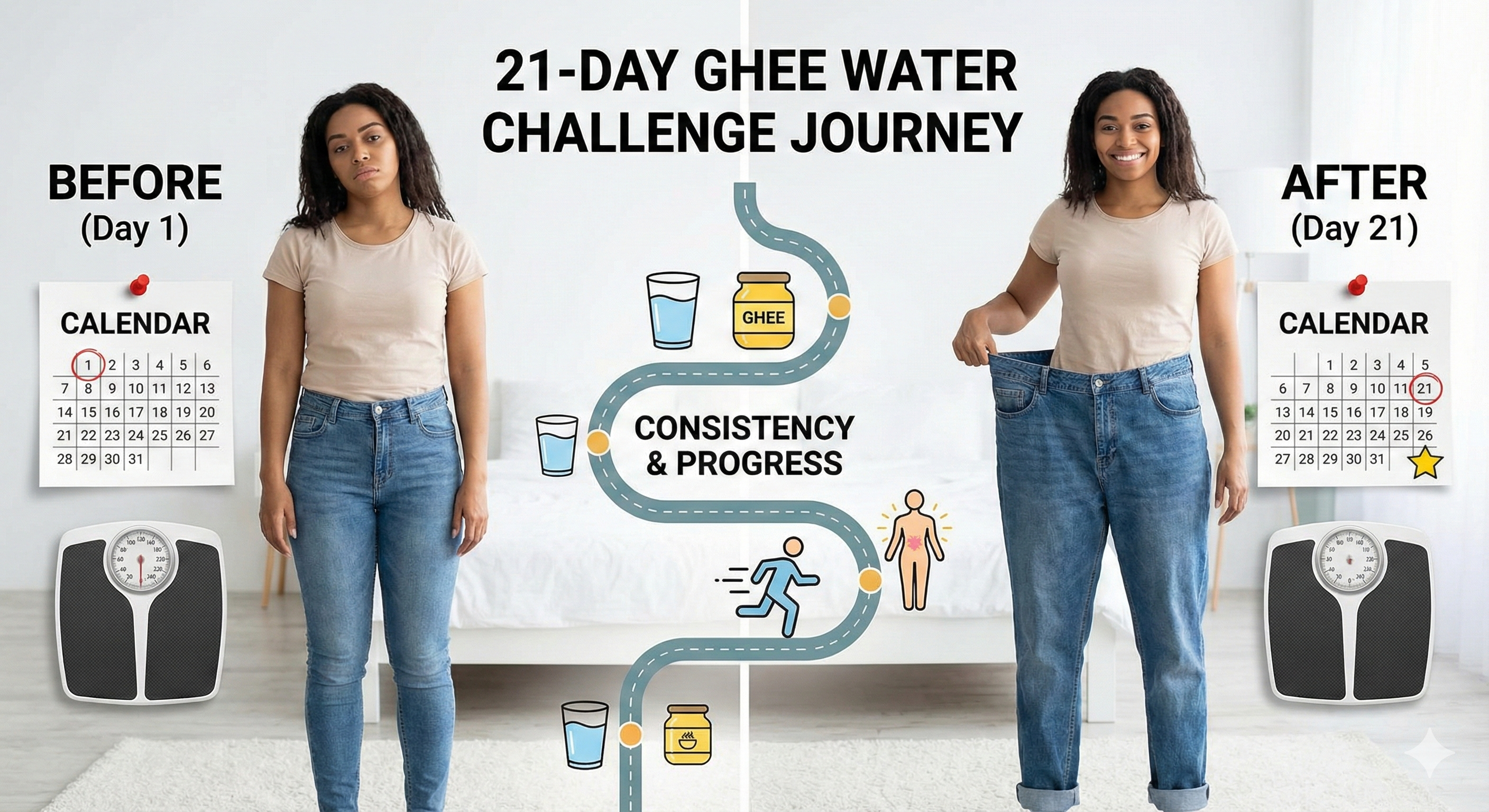 21-Day Ghee Water Challenge - Weight Loss Transformation Timeline