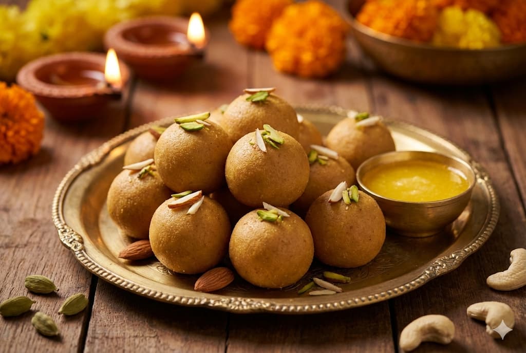 Ghee Ladoo Recipe - Traditional besan ladoo made with pure A2 ghee, garnished with nuts