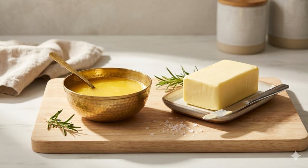 Ghee vs Butter comparison - nutrition, health benefits, smoke point, lactose-free, cooking uses, and which is better for your health