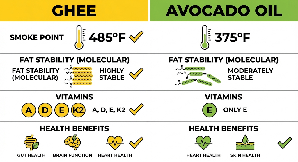 Ghee vs Avocado Oil Comparison - smoke points, vitamins, stability, and health benefits