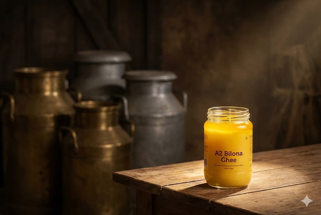 Conceptual image showing 30 Liters of milk leading to 1 Jar of Ghee