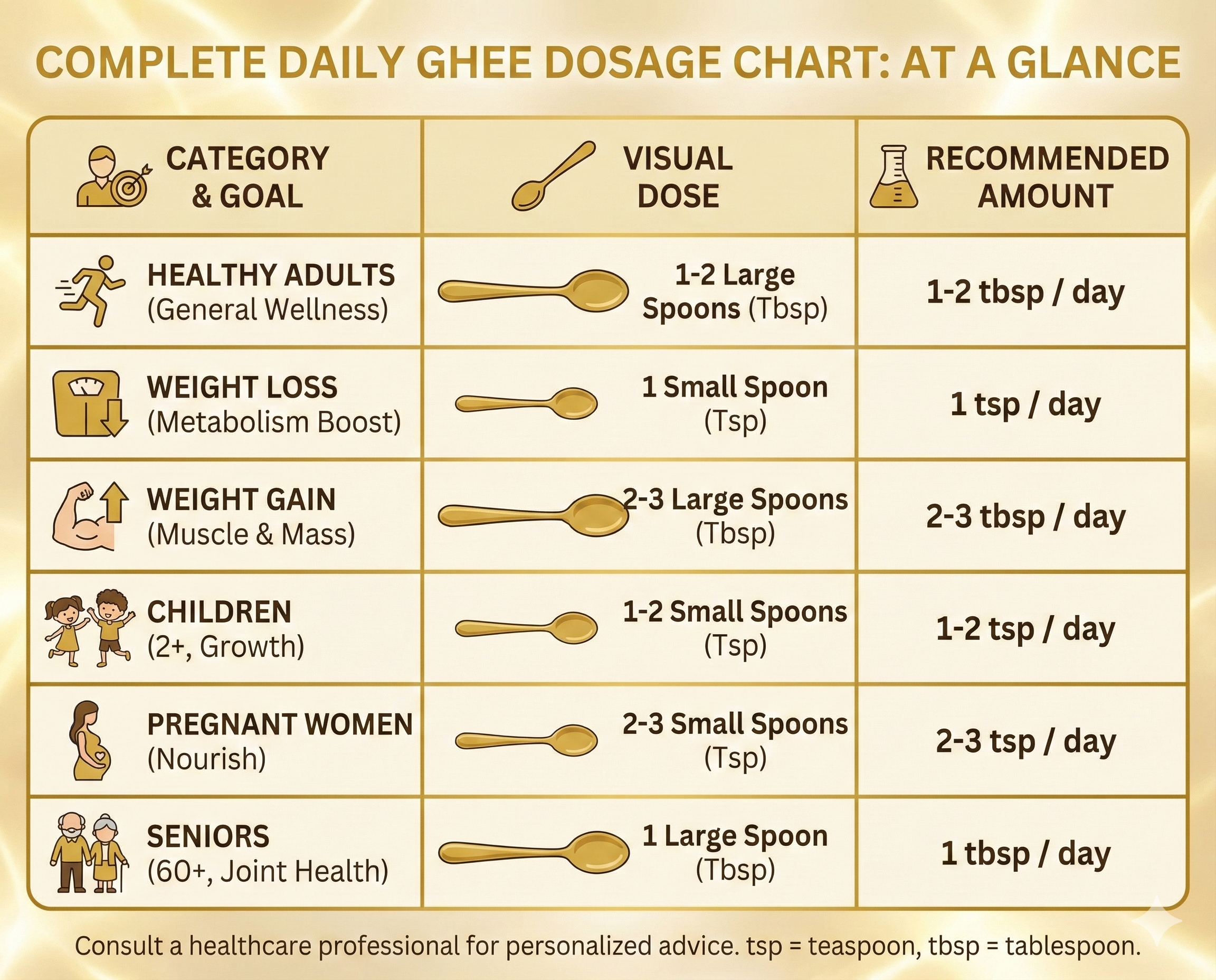 Complete Ghee Dosage Chart - Quick Reference Guide for All Ages and Goals