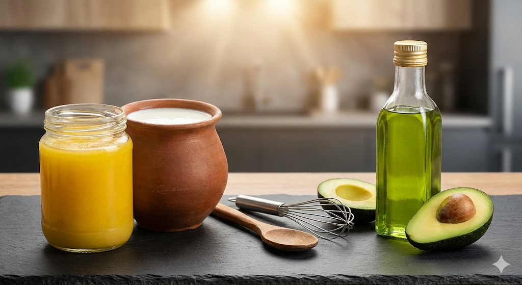 Ghee vs Avocado Oil - side by side comparison of golden ghee and green avocado oil with cooking utensils