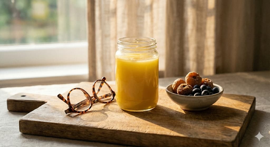 Ghee for dry eyes and digital eye strain – golden A2 ghee for natural eye support; vitamin A and healthy fats in ghee may support tear production and comfort when used as part of a balanced diet.