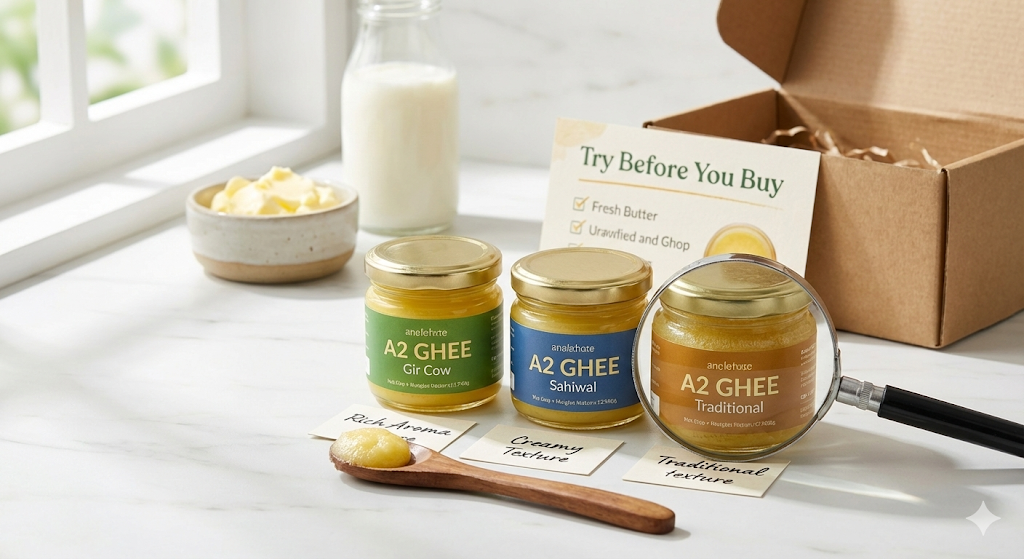 Ghee Sample Pack India - Try before you buy with premium A2 ghee tasting kits, variety packs, and trial jars for first-time buyers
