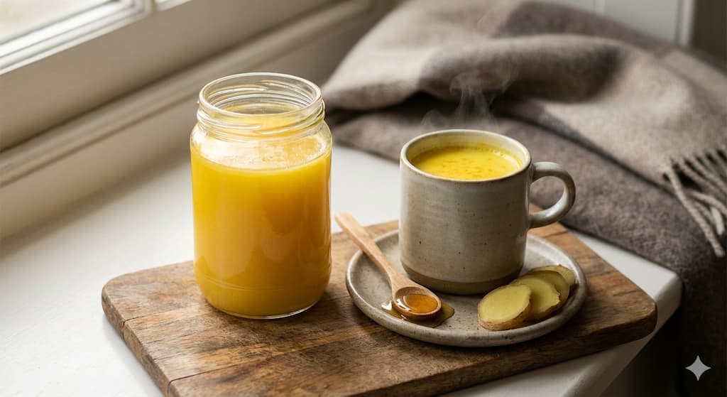 Ghee for cold, cough and respiratory health – golden A2 ghee with warming Ayurvedic ingredients; ghee soothes throat, supports immunity and is used in traditional cold and cough remedies
