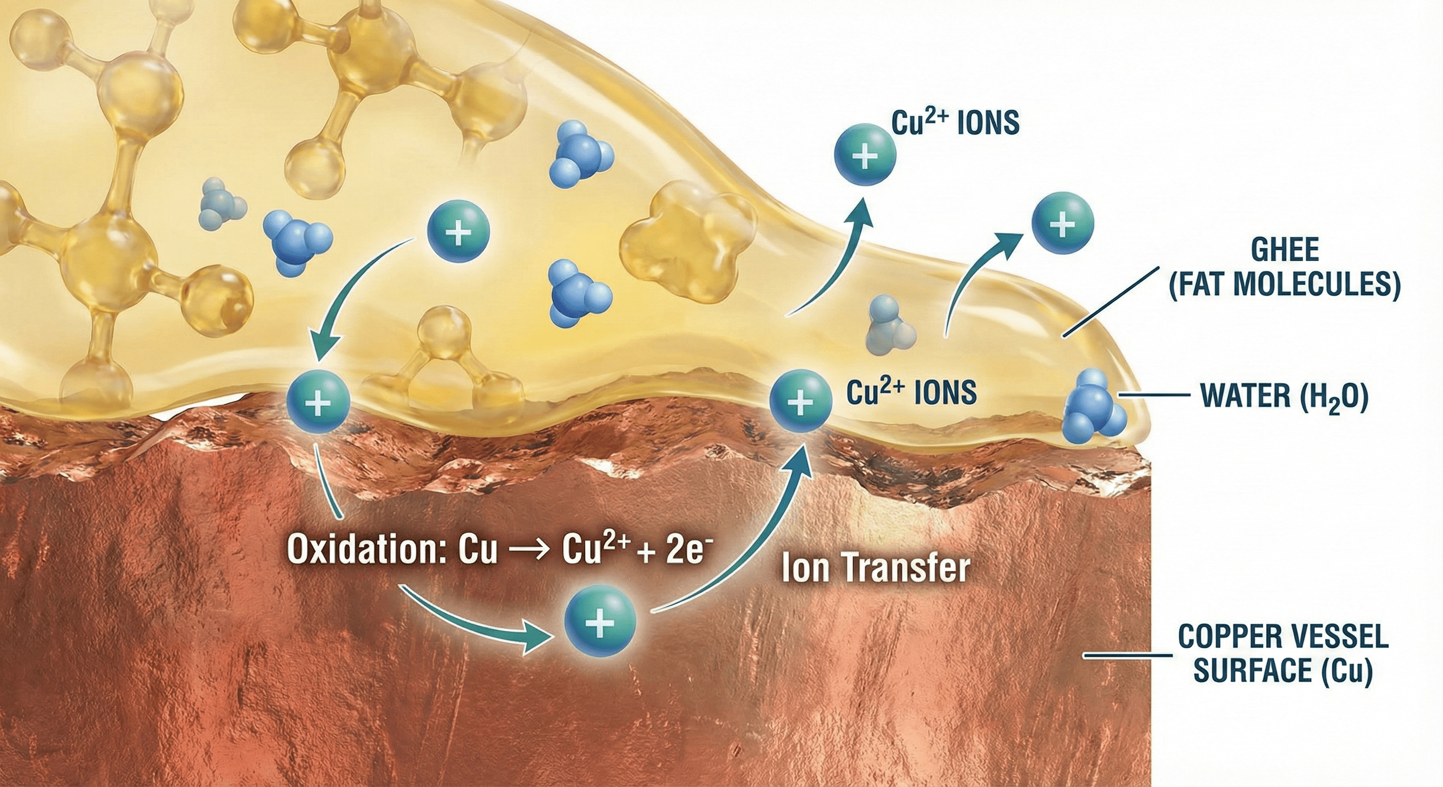 Molecular view of copper ions being transferred from vessel to ghee emulsion during washing process