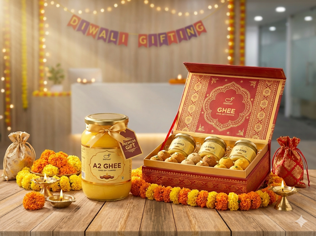 Ghee Gift Hamper India - Premium A2 ghee gift box with traditional packaging, perfect for corporate and festive gifting