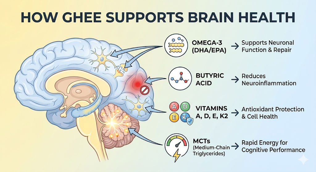 How Ghee Supports Brain Health - Omega-3s, butyric acid, vitamins, and MCTs for cognitive function